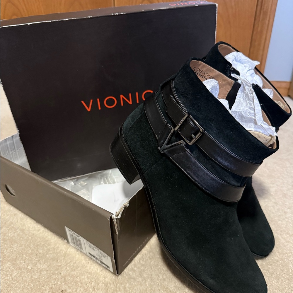 Vionic Black Ankle Booties with Suede Texture and Strap Detail